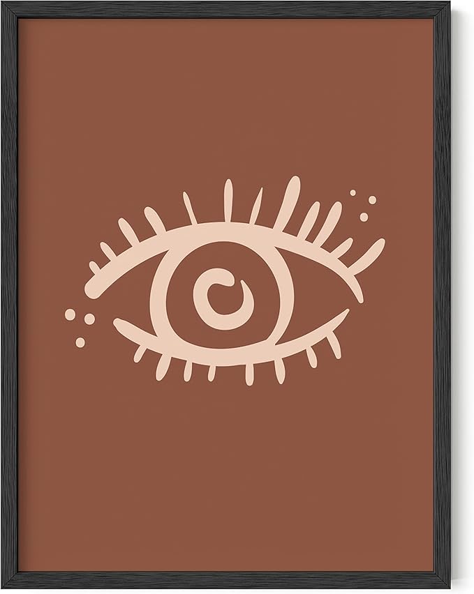 Mystical Evil Eye Wall Art Nazar Protection Symbol Earth Tones Terracotta Mid Century Modern 12x16 Inch Oak Wood Black Framed Boho Spiritual Decor Print for Home