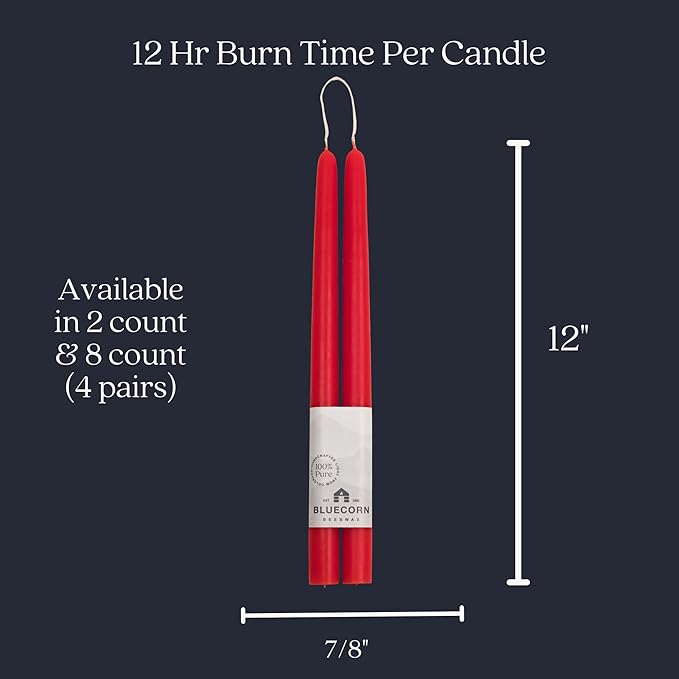 Bluecorn Beeswax Taper Candles, 100% Pure Natural Bees Wax, Pair of 12 Inch Red Tapered Candlesticks, Clean Burning & Dripless, Fragrance Free, Long Lasting, Home Decor, American Made, 1 Count