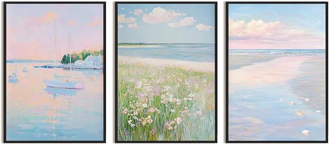 Coastal Pink Wall Art Set of 3 Maximalist Ocean & Beach Landscape Canvas Poster Trendy Sailboats Flowers Sunset Painting Pastel Picture Prints for Bedroom Home Decor 16x24inch Aluminum Framed