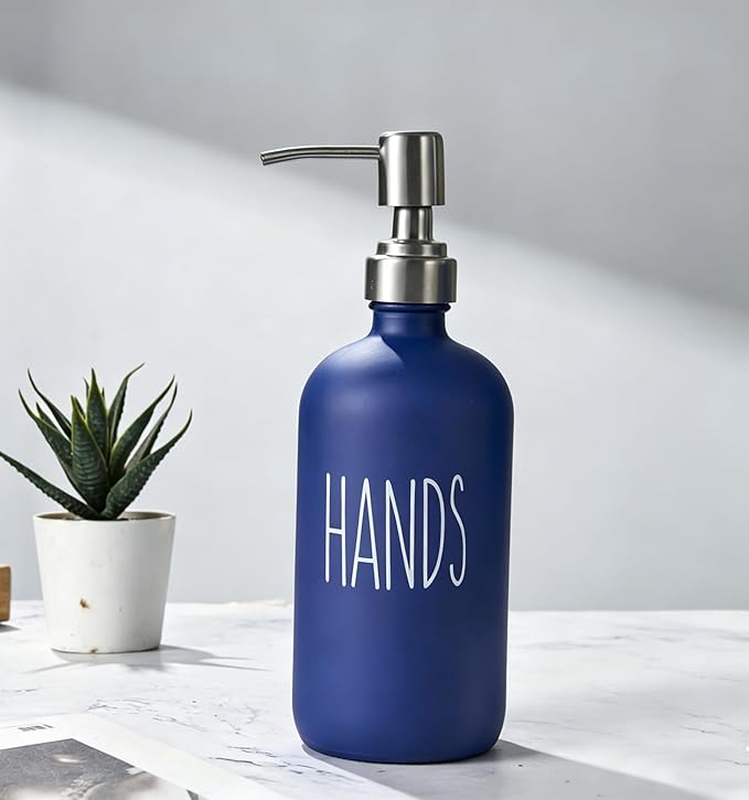 Navy Blue Soap Dispenser Set, Glass Soap Dispenser with Stainless Steel Pump, Farmhouse Hand Soap Dispenser & Dish Soap Dispenser for Bathroom Kitchen Sink (Blue h)