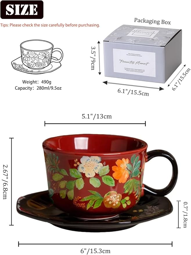 Red Floral Coffee Cup and Saucer Set, 9.5 oz (280ml) Ceramic Tea Cup with Saucer, Glossy Finish Vintage Botanical Mug for Espresso, Cappuccino, Latte, Home Kitchen, Office, Gift for Women