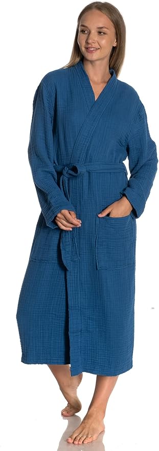 Muslin Unisex Bathrobe Women & Men, 100% Cotton Kimono Lightweight Robe | Long Robes Soft, Absorbent, Spa robes