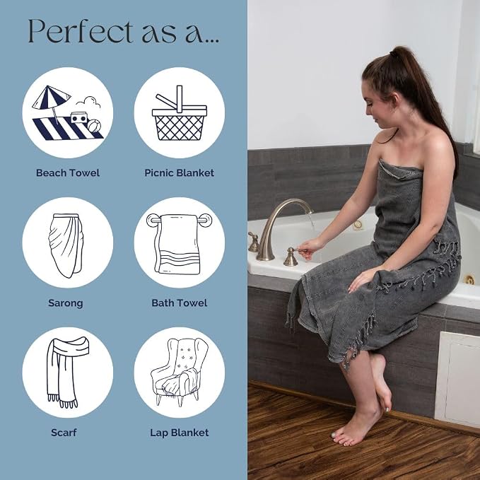 InfuseZen Stonewashed Turkish Cotton Bath and Beach Towel - Faded Black | 100% Organic, Thin, Soft, Lightweight, Absorbent, Quick-Drying, Large Peshtemal, Sand-Resistant for Shower, Pool, Spa, Travel