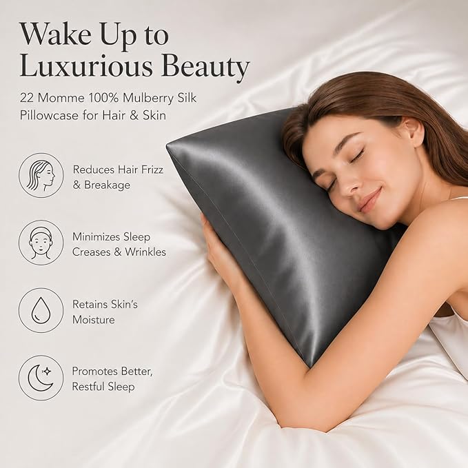 Pure Mulberry Silk Pillow Cases Standard Size, Oeko-TEX Certified 100% Silk Pillowcase for Hair and Skin, Premium 22 Momme silk zippered pillowcase, USA, Dark Gray, 1 Pc 20"x26" (Standard, Slate Grey)
