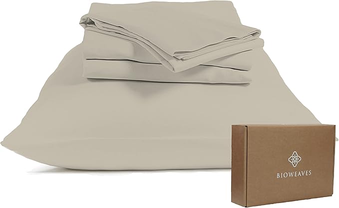 BIOWEAVES 100% Organic Cotton Sheets, 300 Thread Count 4-Piece GOTS Certified Bed Sheet Set Fits Mattress Upto 17" Deep Pocket, Soft & Silky Sateen Weave (King, Sand)