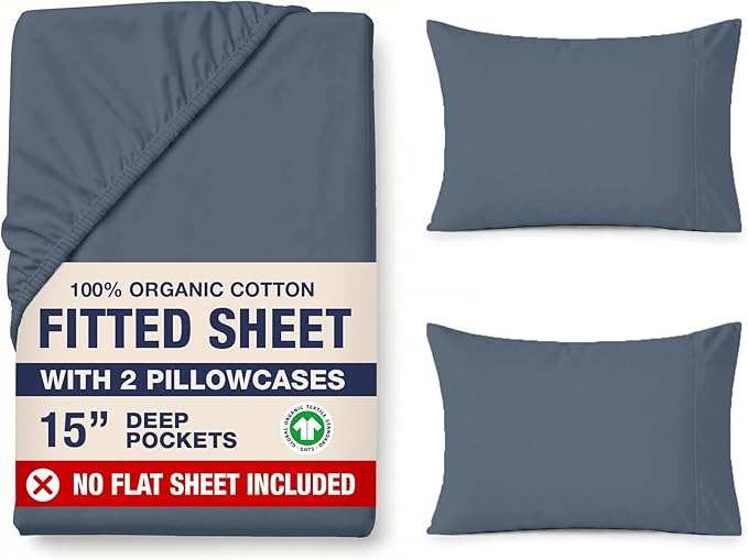 LANE LINEN 100% Organic Queen Size Fitted Sheet(+Pillowcases), Soft & Comfy Fully Elasticized Naturaly Temperature Regulating for Hot Sleepers Deep Pocket Fits Mattress Upto 15"- Estate Blue