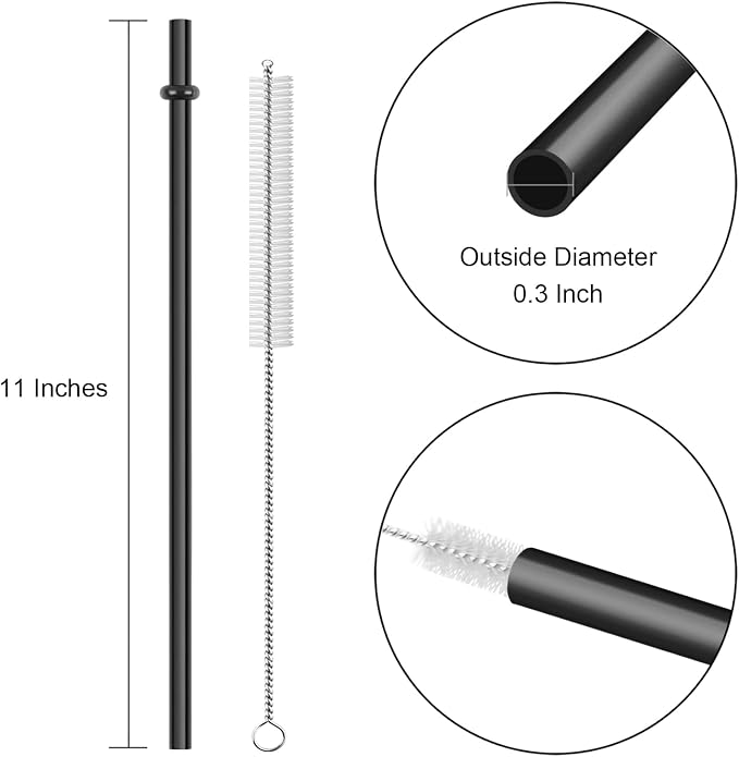15 Pieces 11 Inch Black Reusable Plastic Replacement Drinking Straws, Fit for 24 oz 32oz 40oz Mason Jars, Tumblers, Extra Long Unbreakable Drinking Straws with Cleaning Brush, BPA Free