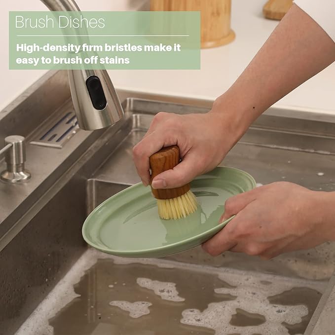 HTB Teak Wood Dish Scrub Brush 3PCS,FSC-Certified | Small Wooden Dish Brush with Teak Handle & Sisal Bristles for Kitchen,Cleaning Scrubbers Set for Pan,Pot,Vegetable,Fruit