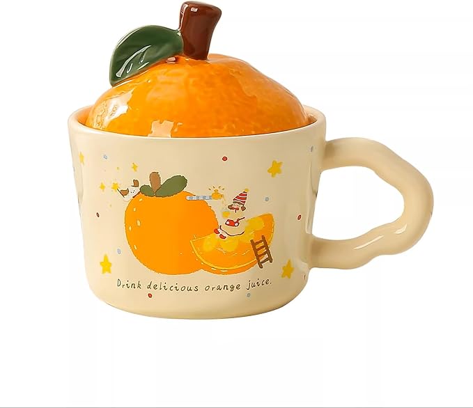 Coffee Mug Cups Ceramic Tea Cup 3D Fruit Orange Shaped Handmade Pottery Cute Mugs With Lid Handle Office Home Hot Ice Water Juice Milk Mugs Gifts Microwave Dishwasher Safe 13 Oz Travel Mug (Orange)