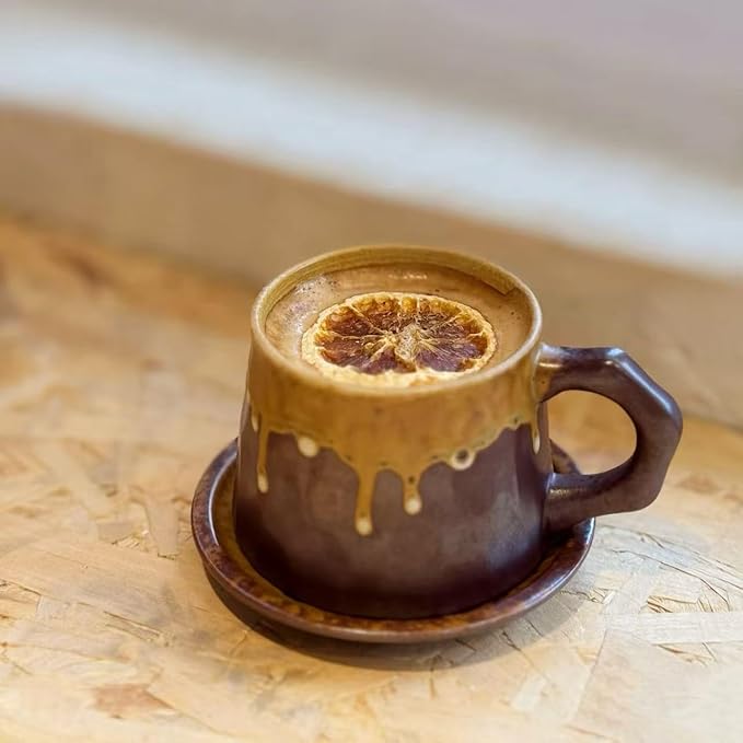 10oz Vintage Retro Handmade Ceramic Cappuccino Cup with Saucer –Small Rustic Stoneware tea cup and saucer, Lead-Free Latte Art Mug,Handmade mug with saucer set, Microwave safe, Brown