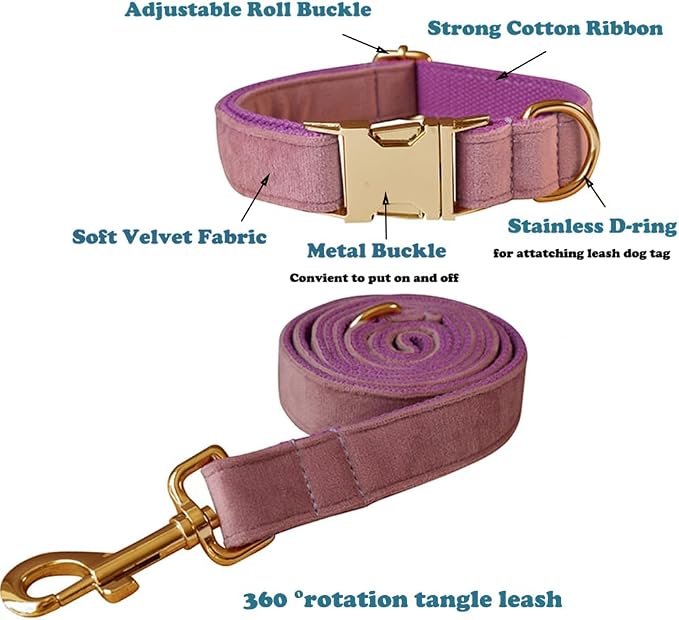 Love Dream Velvet Dog Collar and Leash Set, Soft & Comfy Adjustable Dog Leash and Collar with Heavy Duty Metal Buckle for Small Medium Large Dogs Training & Walking (Large, Light Purple)