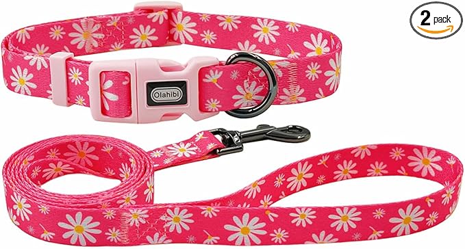 Dog Collar Leash Set, Floral Pattern, Polyester Material, Adjustable Collar and 5ft Matching Leash, for Puppy Dogs.(XS, Pink Daisy)