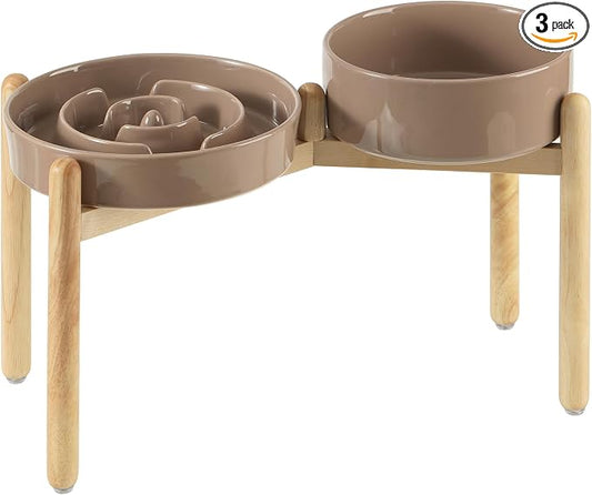 Havniva 9.5” Raised Slow Feeder Dog Bowls Set, 3.2 Cups Ceramic Slow Feeder Dog Bowl and 8.2” Dog Water Bowl with Elevated Wooden Stand Puzzle Dog Food Bowl for Large Dogs Anti-Gulping & Anti-Choking