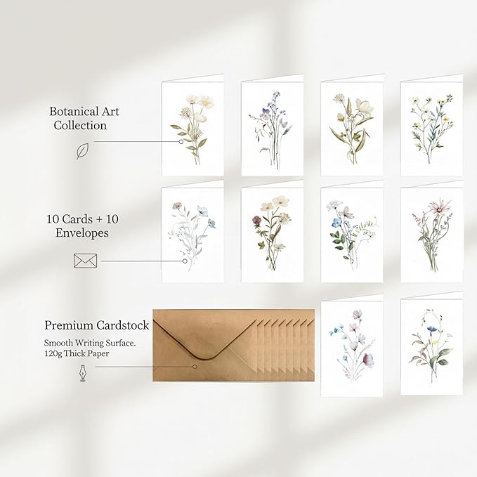 10-Pack Botanical Blank Greeting Cards with Envelopes, 5.9 x 7.9 Inch Nature-Themed Cardstock Set for Personal Correspondence and Notes