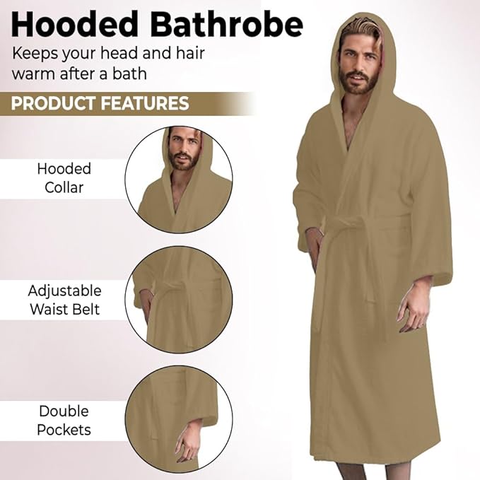 Men’s Hooded Bathrobe, 100% Cotton Terry Bathrobe, Spa Style Bath Robe, Absorbent Shower Robe, Lightweight Towel Bathrobes