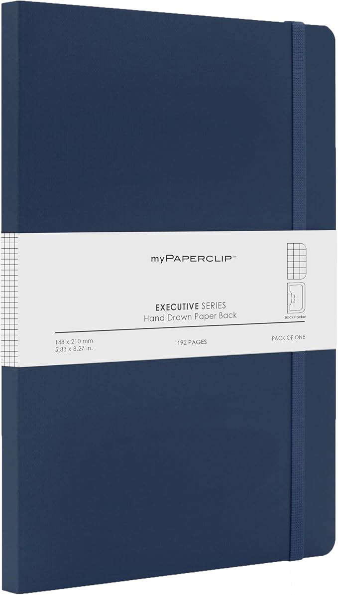 myPAPERCLIP Executive Series A5 Checks/Square Grid Notebook | 192 Pages, 80 GSM, Soft Cover, A5 (5.83 x 8.27 in) | Flat Lay | Bookmark, Elastic Closure & Back Pocket | Blue