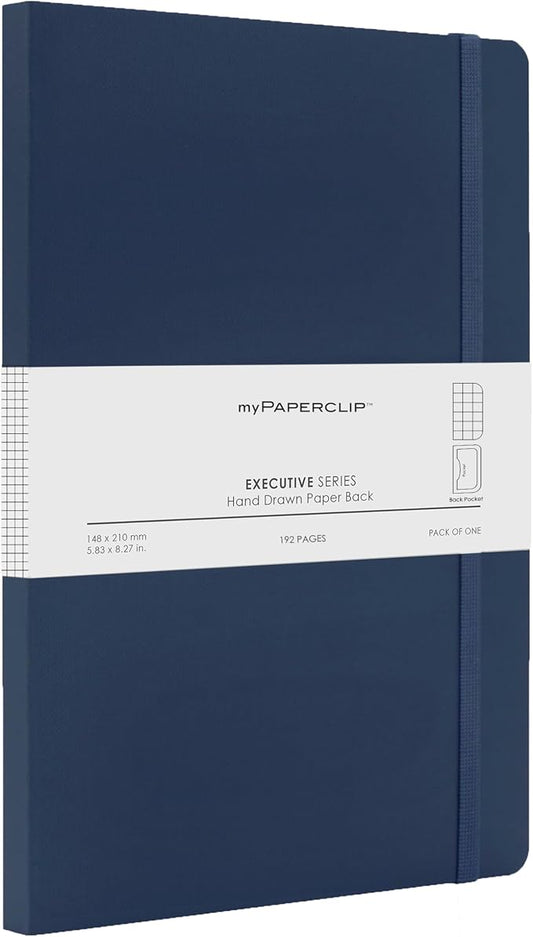 myPAPERCLIP Executive Series A5 Checks/Square Grid Notebook | 192 Pages, 80 GSM, Soft Cover, A5 (5.83 x 8.27 in) | Flat Lay | Bookmark, Elastic Closure & Back Pocket | Blue
