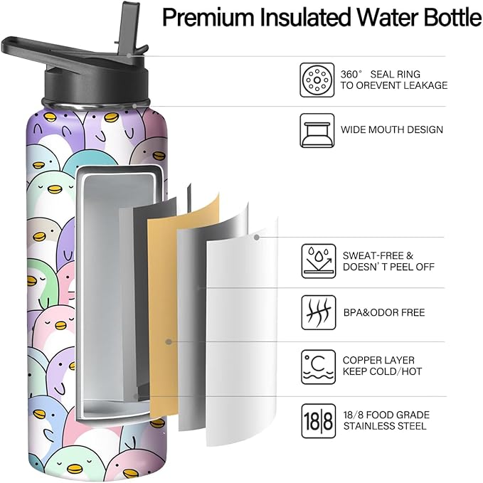 40oz Penguin Water Bottle with Handle and Flip Straw, Animal Sports Stainless Steel Insulated Cup Travel Coffee Mug Tumbler, Birthday Mothers Day Chritmas Gifts for Women