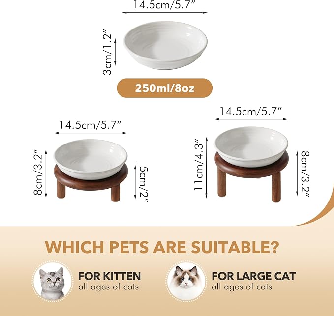 Havniva Elevated Cat Bowls Raised Ceramic Cat Bowl, 5.7” Wide Opening Cat Food Bowl Whisker Friendly Cat Dish Anti-Slip with Wood Stand, Shallow Pet Food & Water Bowl for Indoor Cats