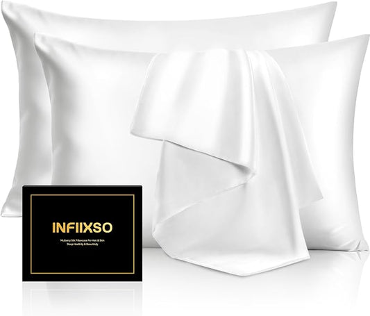 INFIIXSO Silk Pillow Cases 2 Pack Standard Size, Ultra Smooth & Soft Mulberry Silk Pillow Case for Hair and Skin, Breathable Cooling Silk Pillowcase with Hidden Zipper (White, 20x26 Inches)