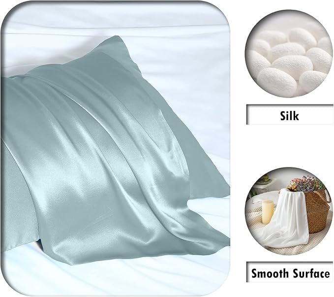Silk Pillow Cases 2 Pack,Soft Breathable and Sliky Queen Size Pillow Cases Set of 2,Natural Mulberry Silk Pillowcase Set of 2 for Hair and Skin with Hidden Zipper (Blue Haze,20"X 30",2pcs)