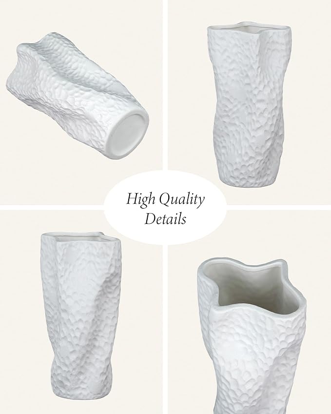 White Matte Ceramic Vase, 9.9 Inch Organic Nature Trunk Shape, OOSTONEE Modern Wabi Sabi Unique Flower Vase for Home, Living Room, Bedroom, Dining Table, Centerpiece Decor