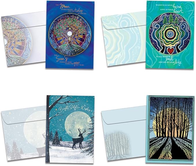 Tree-Free Greetings Winter Solstice Cards - 16 Recycled 5x7 Cards & Matching Envelopes, Thick Cardstock, Sustainably Made in USA - Peaceful Snowy Evenings