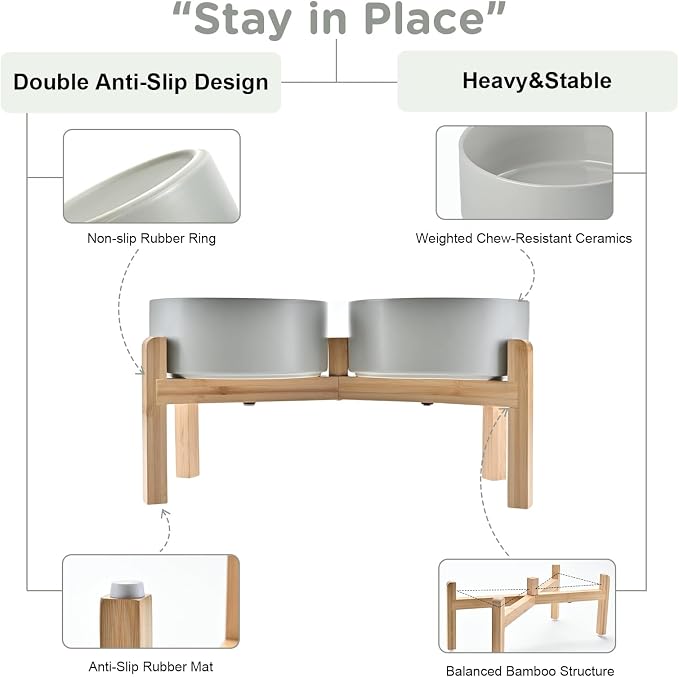SPUNKYJUNKY Elevated Dog Bowls Ceramic, 7.3'' Dogs Food Water Bowls Raised with Non-Slip Bamboo Stand for Medium to Large Sized Breed Microwave Dishwasher Safe - 42 OZ,Grey