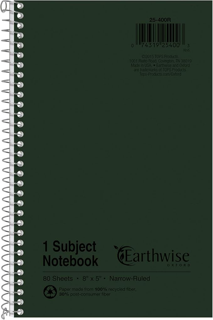 Ampad Single Wire Notebook, Recycled, Size 8x5, 1 Subject ,Green Cover, Narrow Ruled, Not 3 Hole Punched, 80 Sheets per Notebook (25-400R)