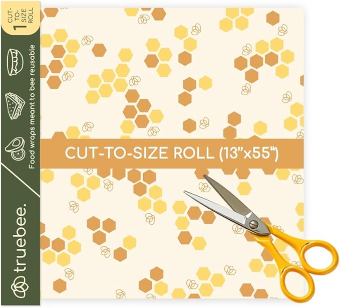 Truebee Reusable Beeswax Food Wrap Roll 13” by 55”, – Non Toxic, Plastic Free, Silicone Free, Sustainable, Environmentally Friendly, Organic Cotton Beeswax Wrap, Cut to Size, Signature Design