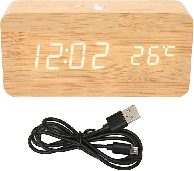 Tyenaza Digital Alarm Clock, Wooden Battery Operated Clock LED Display Touch Sound Control BT Connection Digital Desk Clock for Bedroom Office Cafe