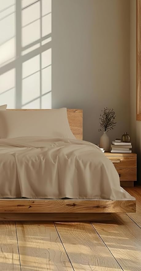 Linen Closet 4Pc 100% Organic Cotton King Size Sheets Set, Tan, 300 Thread Count, Naturally Derived EarthColors, Deep Pocket Fitted Sheet (Up to 18"), Soft Bed Sheets Set, Juego De Sábanas King