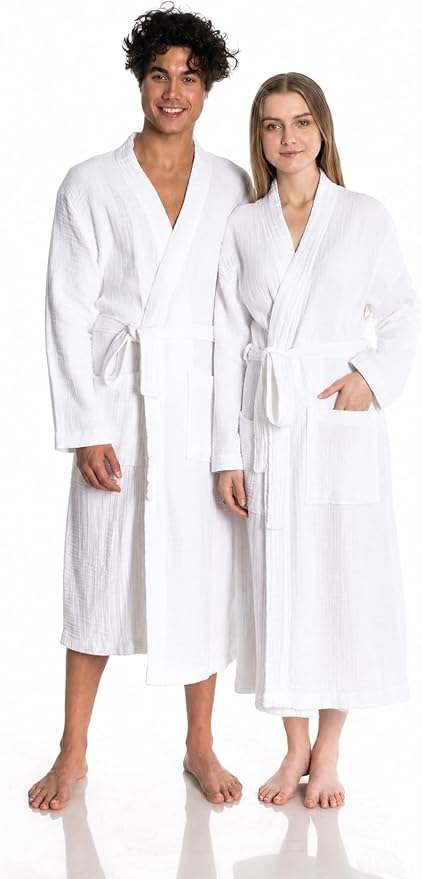 Muslin Unisex Bathrobe Women & Men, 100% Cotton Kimono Lightweight Robe | Long Robes Soft, Absorbent, Spa robes