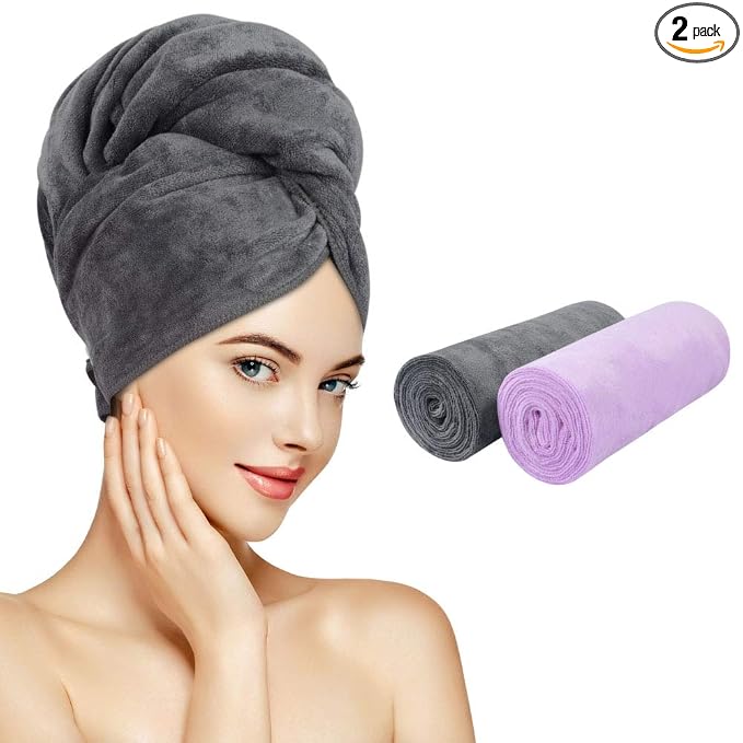 SUNLAND Microfiber Hair Towels Anti Frizz Hair Drying Towel Super Absorbent Fast Drying Turbans for Wet Curly Hair Soft Hair Towel Wrap with Elastic Band for All Hair Types 40 X 20 inches Multicolour