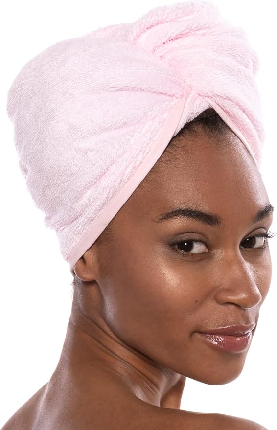 TexereSilk Women's Rayon and Cotton Terry Hair Towel - Lightweight, Absorbent Fast Drying Hair Wrap for Anti Frizz and Anti Breakage (Tya, Barely Pink, U)