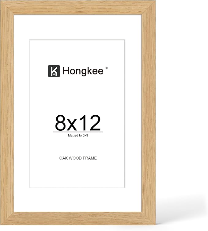 Hongkee 8x12 Oak Wood Picture Frame 1 Pack(Matted 6x9), Real Glass Cover | Natural, 8 x 12 Solid Wood Frame for Wall or Tabletop Display - Includes Easel Back, Vertical Hang - Ideal for Home, Office