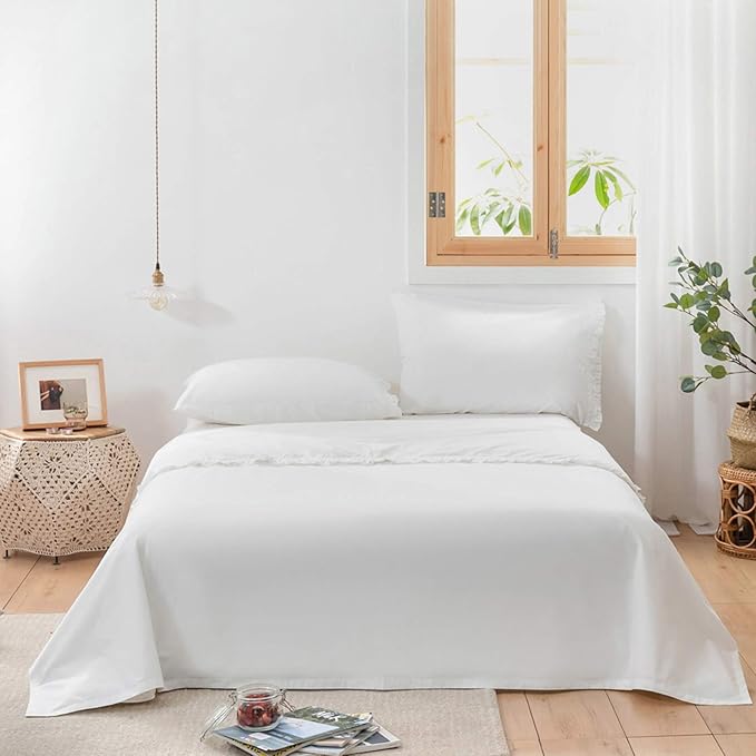 Simple&Opulence 100% Cotton Sheet Set Ruffle- 4Pcs (1 Flat Sheet 1 Fitted Sheet 2 Pillowcases) Bed Sheets Soft French Country Shabby Chic Vintage Bedding Set Aesthetic Farmhouse (White, Full)