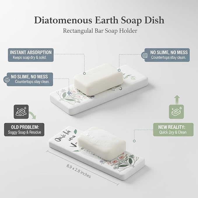 Diatomaceous Earth Soap Dish, Rectangular Stone Bar Soap Holder for Bathroom Sink, Shower Ledge & Kitchen Counter, Absorbent Tray (1 Pack)