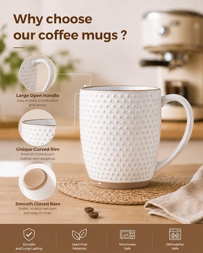 GBhome Large Coffee Mugs Set of 4, 16oz Handmade Embossed Coffee Mugs Set with Large Handle for Cappuccino/Latte/Tea/Hot Cocoa, Dishwasher & Microwave Safe, Off White
