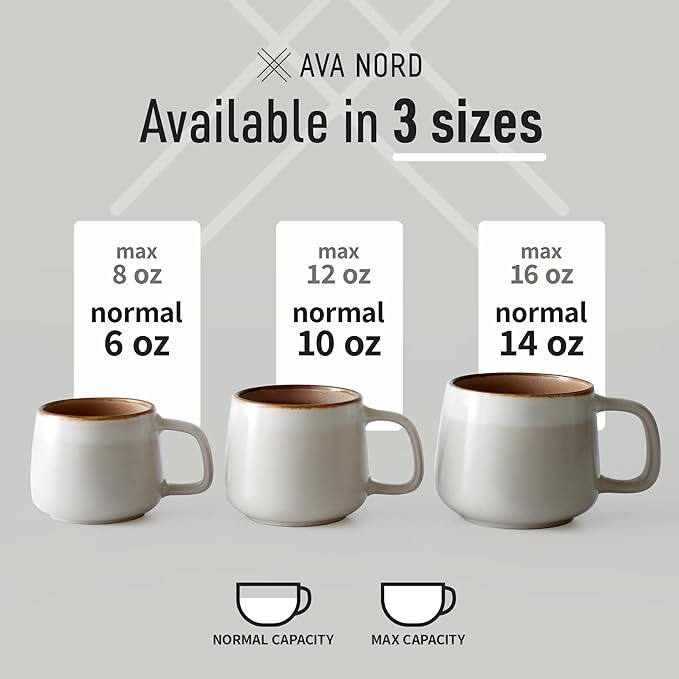 Ava Nord Large Ceramic Coffee Mugs Set of 4 | 16 oz Stoneware Coffee Cups | Lead-Free, Non-Toxic | Microwave and Dishwasher Safe | Comfortable Handle | Nordic Design for Tea, Cocoa, Latte | Sage Ash
