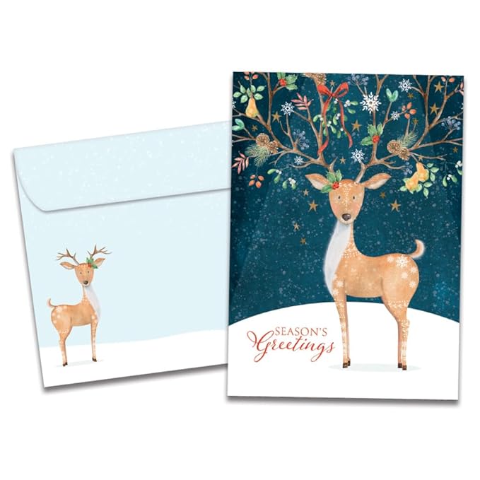 Tree-Free Greetings - Season's Greeting Card - Artful Designs - 1 Card + Matching Envelopes - Made in USA - 100% Recycled Paper - 5 x 7 - Spread Cheer Deer (VO80680)