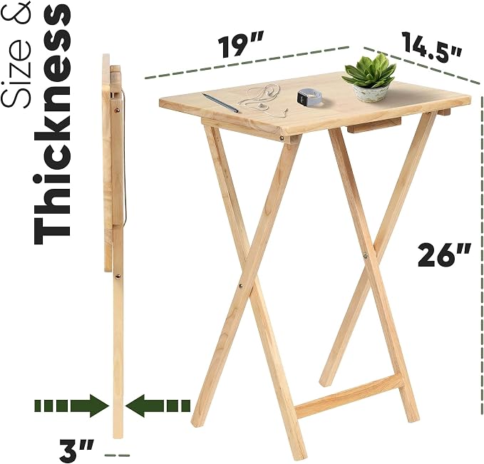 PJ Wood Rectangle Folding Portable TV Snack Serving Tray Table, Solid Wood Construction with Natural Finish, Natural, 2 Piece Set