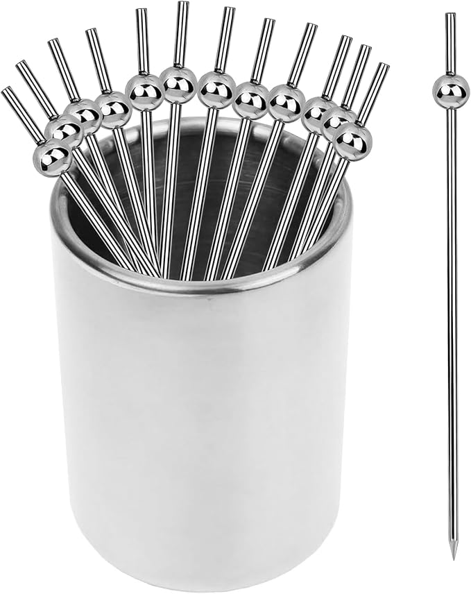 12PCS Metal Cocktail Picks for Drinks, Stainless Steel Martini Picks 4.6 inch, Reusable Cocktail Skewers Pearl Silver