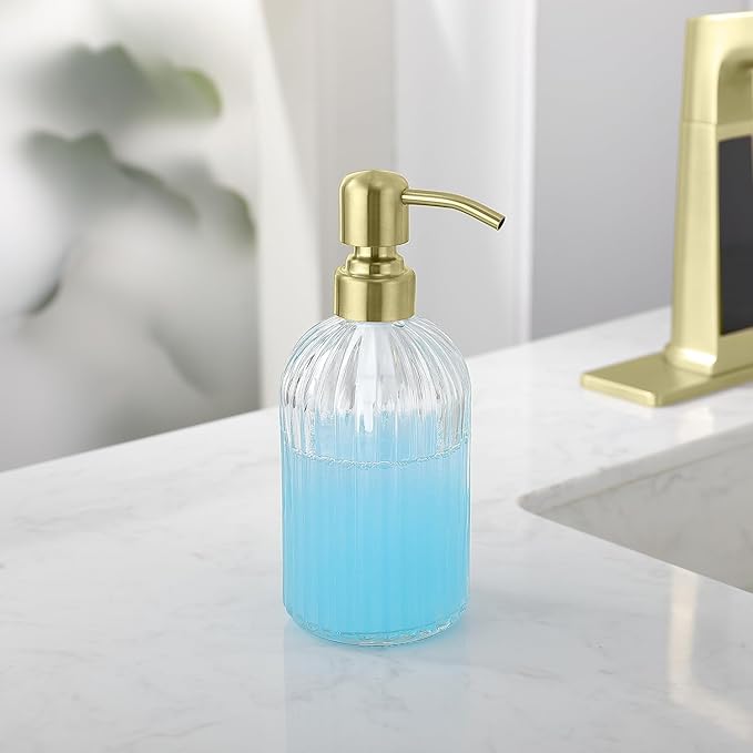 Gold Refillable Glass Kitchen Soap Dispenser,16oz Bathroom Soap Dispenser with Vertical Strip,Golden 304 Stainless Steel Pump Head, Clear Thick Glass,for Modern Home Decor, Countertop, Hotel