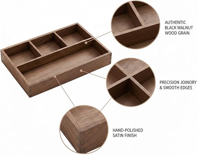 Solid Black Walnut Wood Desk Organizer Tray for Office, Entryway, and Home Storage