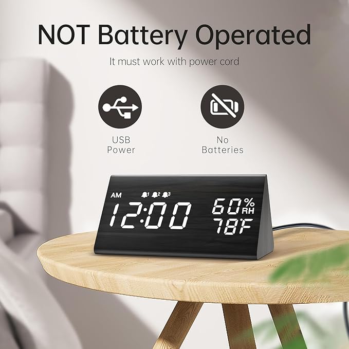 JALL Wooden Digital Alarm Clock for Bedrooms and Office, 3 Alarms with Large Numbers for Beside Table Living Room, Humidity and Temperature, 6-Level Dimmer, Snooze, Loud Desk Clock for Heavy Sleepers