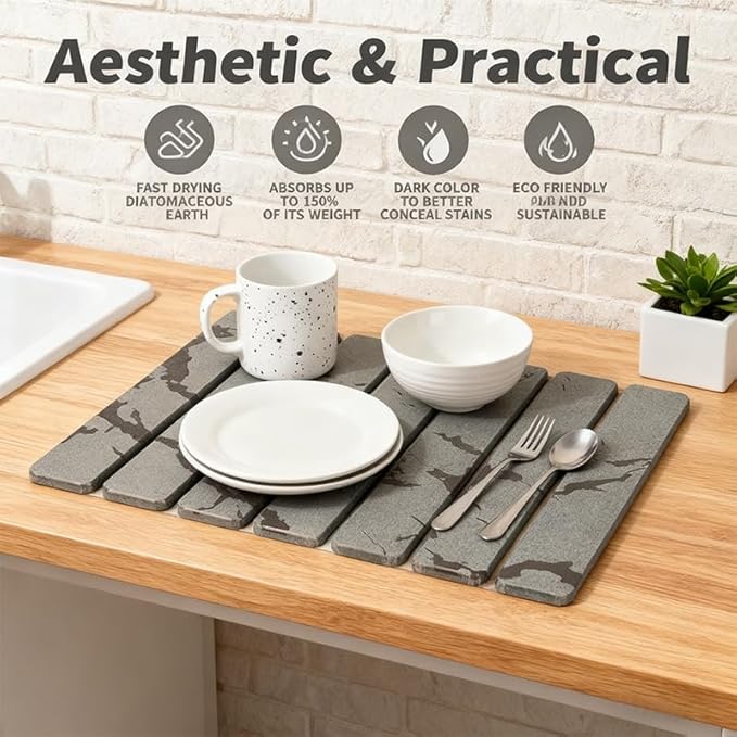 Stone Dish Drying Mat for Kitchen Counter, Quick Dry Diatomaceous Earth Dishes Mat, Foldable Water Absorbing Drying Organizer Pad for Plate Rack Bottles Utensils, Light Gray, 30x40 cm