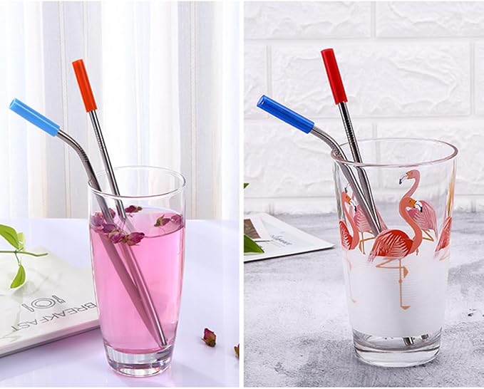 Toyvian 6pcs 304 Stainless Steel Drinking Tubes with Scratch-resistant Silicone Tips Set, Reusable Eco-conscious Straws for Home and Restaurant Use Random Color