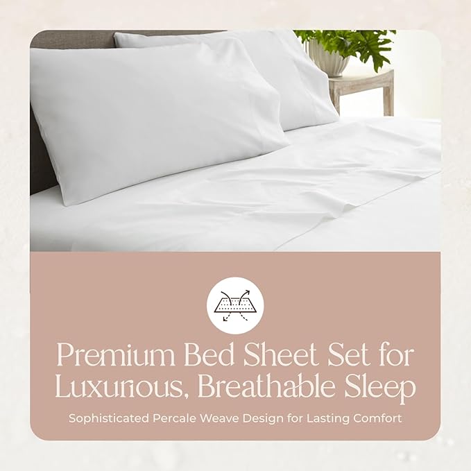 100% Organic Cotton Sheets Twin Size - GOTS Certified Cotton Percale Sheets with Crisp Cool & Breathable Percale Weave Perfect for Hot Sleepers - Durable Luxury 4 Piece Set (White, Twin)