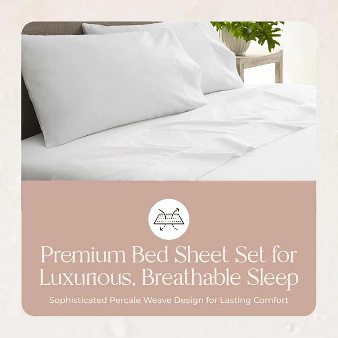 100% Organic Cotton Sheets Queen Size - GOTS Certified Cotton Percale Sheets with Crisp Cool & Breathable Percale Weave Perfect for Hot Sleepers - Durable Luxury 4 Piece Set (White, Queen)